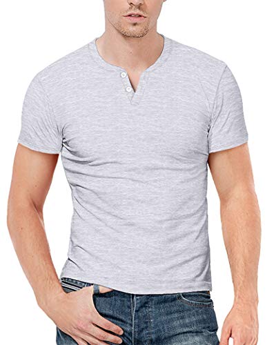 KUYIGO Camiseta de Manga Corta para Hombre Henley Casual Running Gym Workout Basic M Gris