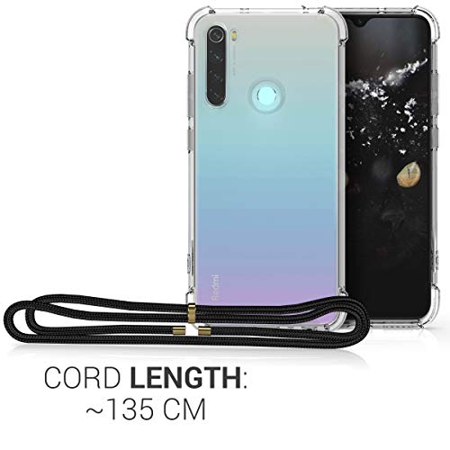 kwmobile Carcasa Compatible con Xiaomi Redmi Note 8 (2019/2021) - Funda Transparente TPU con Cuerda para Colgar - Negro/Transparente