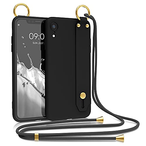 kwmobile Funda Compatible con Apple iPhone XR - Caracasa de Silicona con Cuerda y Agarre Trasero - Negro