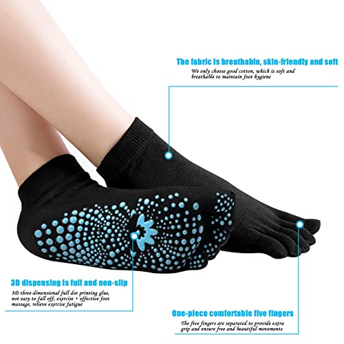 KYSUN 2 pares de Calcetines Antideslizantes para Mujer y Hombre, Calcetines de Yoga con Dedos para Hogar, Calcetines Deporte 5 Dedos de Algodón para Pilates Ballet Dance Fitness, Negro + Gris