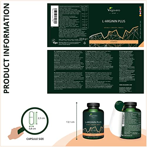 L-Arginina Plus Vegavero® | LA ÚNICA SIN ADITIVOS | Con Maca + Tribulus Terrestris + Cordyceps Sinensis | 270 Cápsulas | Pre Entreno + Vasodilatador + Masa Muscular