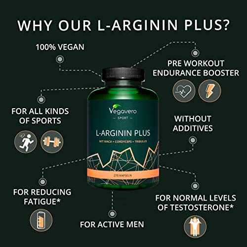 L-Arginina Plus Vegavero® | LA ÚNICA SIN ADITIVOS | Con Maca + Tribulus Terrestris + Cordyceps Sinensis | 270 Cápsulas | Pre Entreno + Vasodilatador + Masa Muscular