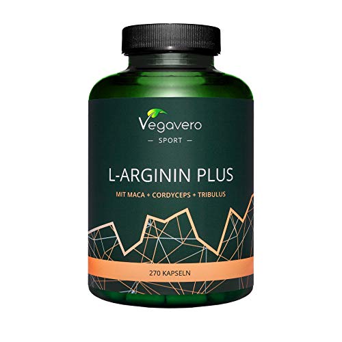 L-Arginina Plus Vegavero® | LA ÚNICA SIN ADITIVOS | Con Maca + Tribulus Terrestris + Cordyceps Sinensis | 270 Cápsulas | Pre Entreno + Vasodilatador + Masa Muscular