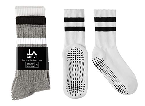 LA Active Calcetines Antideslizantes - 3 Pares - Para Yoga Pilates Ballet Barre Mujer Hombre Hospital - Crew (Blanco/Gris/Negro, 44-47 EU)