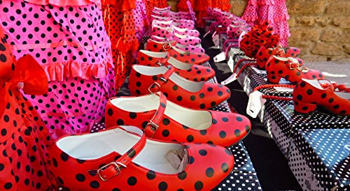 LA SEÑORITA Zapatos de Flamenco para Niña y Mujer [Talla 24 a 42]. Zapatos de Tacón para Sevillanas y Clases de Baile. Suela de Goma & Gran Sujeción. Zapatos de Gitana Rojos con Lunares Negros