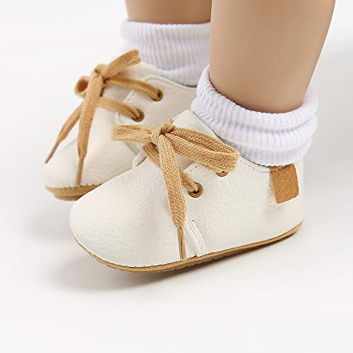 LACOFIA Zapatos Oxford con Cordones para Bebé Niños Zapatillas Primeros Pasos Antideslizantes para Bebés Blanco 6-12 Meses