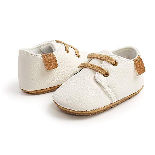 LACOFIA Zapatos Oxford con Cordones para Bebé Niños Zapatillas Primeros Pasos Antideslizantes para Bebés Blanco 6-12 Meses