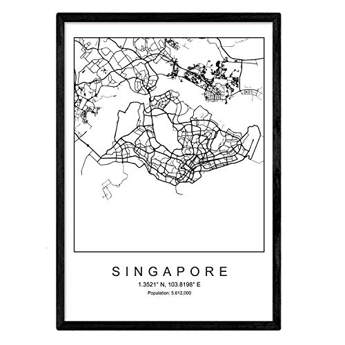 Lámina mapa de la ciudad Singapore estilo nordico en blanco y negro. Poster tamaño A4 Sin marco Impreso papel 250 gr. Cuadros, láminas y posters para salon y dormitorio