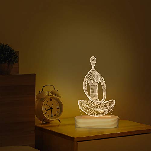 Lámpara de yoga LED 3D arte luz nocturna para niñas mujeres meditación amantes regalos de cumpleaños USB Power Warm Color Madera Base Lámpara de mesa