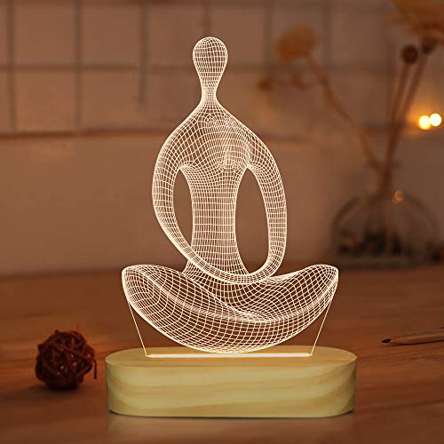 Lámpara de yoga LED 3D arte luz nocturna para niñas mujeres meditación amantes regalos de cumpleaños USB Power Warm Color Madera Base Lámpara de mesa