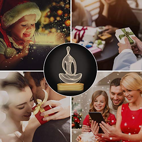 Lámpara de yoga LED 3D arte luz nocturna para niñas mujeres meditación amantes regalos de cumpleaños USB Power Warm Color Madera Base Lámpara de mesa