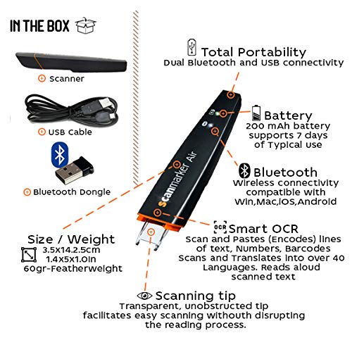 Lápiz Escáner Scanmarker Air - Lector y destacador OCR Digital - Inalámbrico - Compatible con Mac Win iOS Android (Negro, Scanmarker Air)