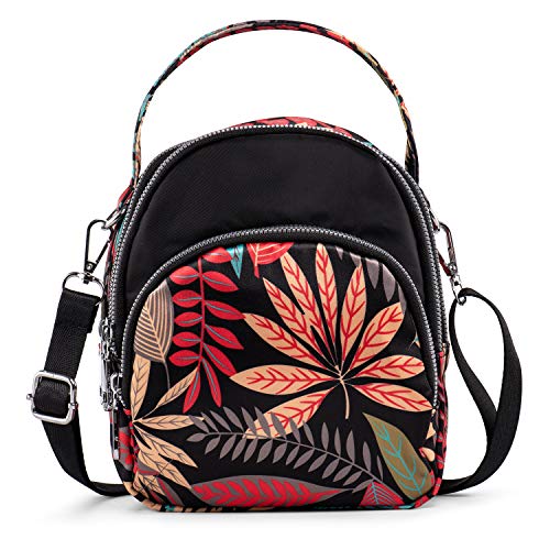 LaRechor Bolso Bandolera Pequeño con 3 Cremallera - Mujer Bolso de Viaje Boda Noche - Bolsa de Hojas de Colores Elegante Ligero, 2 Correa