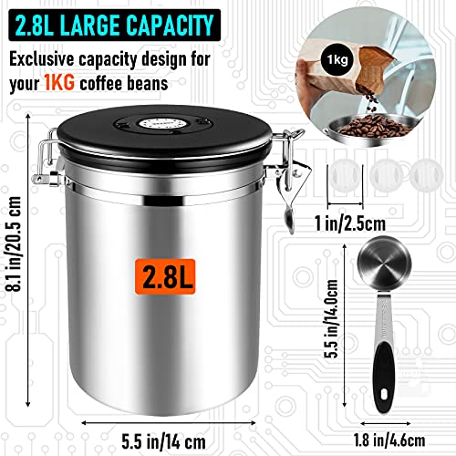 Latas de café herméticas de 1 kg, granos de café de 2800 ml, recipiente para granos de café de acero inoxidable, con indicador de fecha, pala de medición de 30 ml y válvula de CO2 para café en polvo