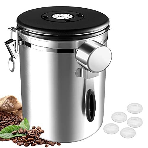 Latas de café herméticas de 1 kg, granos de café de 2800 ml, recipiente para granos de café de acero inoxidable, con indicador de fecha, pala de medición de 30 ml y válvula de CO2 para café en polvo