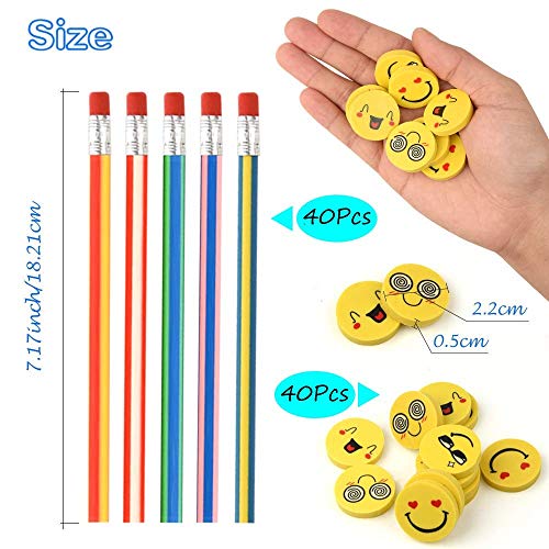 LATERN 80 Piezas Kids Party Bag Set de Relleno, Suave Flexible Bendy lápices y Emoji Smile Erasers Magic Bend Toys School Fun Equipo de papelería Favor Suministros