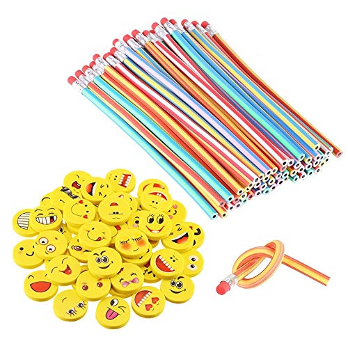 LATERN 80 Piezas Kids Party Bag Set de Relleno, Suave Flexible Bendy lápices y Emoji Smile Erasers Magic Bend Toys School Fun Equipo de papelería Favor Suministros