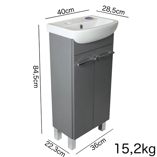 Lavabo con armario bajo Lugo, mueble de baño, juego de 40 cm, lavabo de pie con armario inferior (grafito)