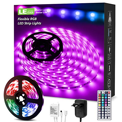 LE Tiras LED 5M, Luces LED Habitación 5m con Control Remoto y Adaptador Corriente, Tira LED RGB 150 5050 Cinta LED, Multicolor y Regulable, Strip Tiras Para Decoración de TV, Techo, Dormitorio, Bares