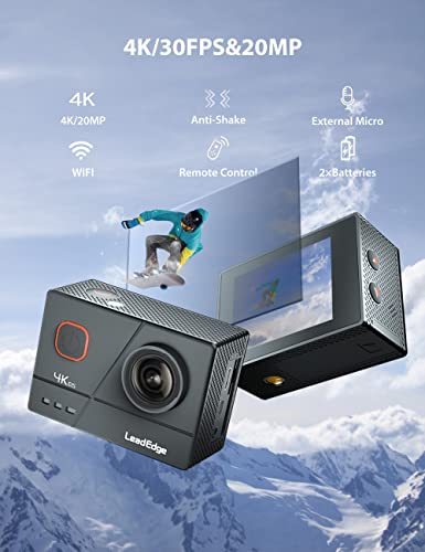 LeadEdge Cámara Deportiva 4K 20MP EIS Anti-Vibración Micrófono Externo con Control Remoto Wi-Fi 170° Gran Angular Camara Acuática Camaras Acción Sumergible de Control 40M