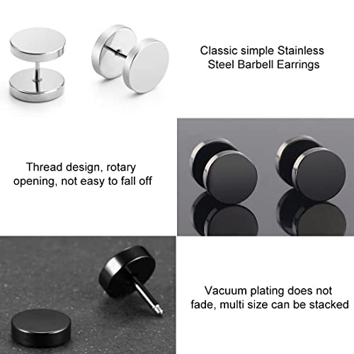 LEEQ Juego de 8 Pares de Pendientes de Acero Inoxidable para Hombre Color Negro Plata（3mm 5mm 6mm 8mm）