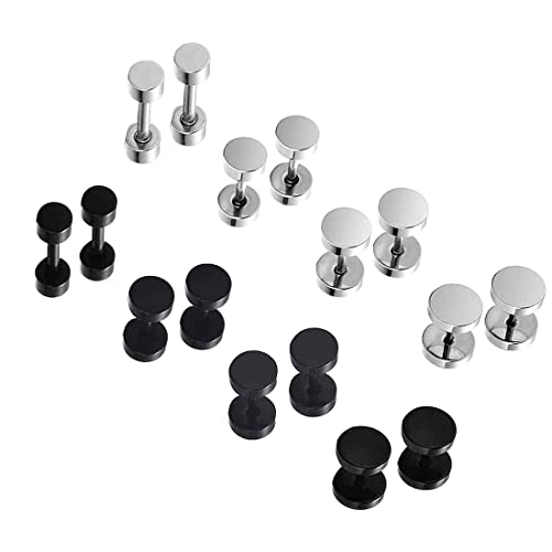 LEEQ Juego de 8 Pares de Pendientes de Acero Inoxidable para Hombre Color Negro Plata（3mm 5mm 6mm 8mm）