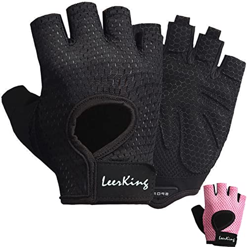 LeerKing Guantes Gimnasio Deportivos de Hombres Mujeres con Muñequera Guantes Antideslizantes Musculación Fitness Remo Ciclismo Gimnasia Baile de Barra Negro S