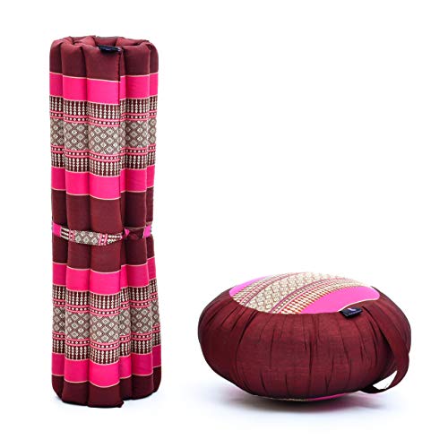 LEEWADEE Set de meditación – Cojín de Yoga Zafu y colchoneta de meditación Zabuton, Asiento tailandés de kapok Hecho a Mano, Set de 2, castaño Rosado