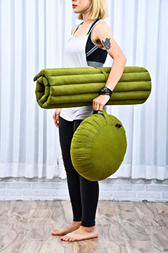 LEEWADEE Set de meditación – Cojín de Yoga Zafu y colchoneta de meditación Zabuton, Asiento tailandés de kapok Hecho a Mano, Set de 2, Verde