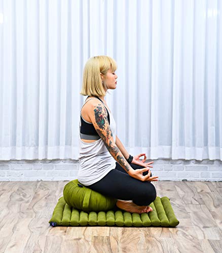 LEEWADEE Set de meditación – Cojín de Yoga Zafu y colchoneta de meditación Zabuton, Asiento tailandés de kapok Hecho a Mano, Set de 2, Verde