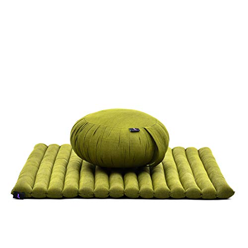 LEEWADEE Set de meditación – Cojín de Yoga Zafu y colchoneta de meditación Zabuton, Asiento tailandés de kapok Hecho a Mano, Set de 2, Verde