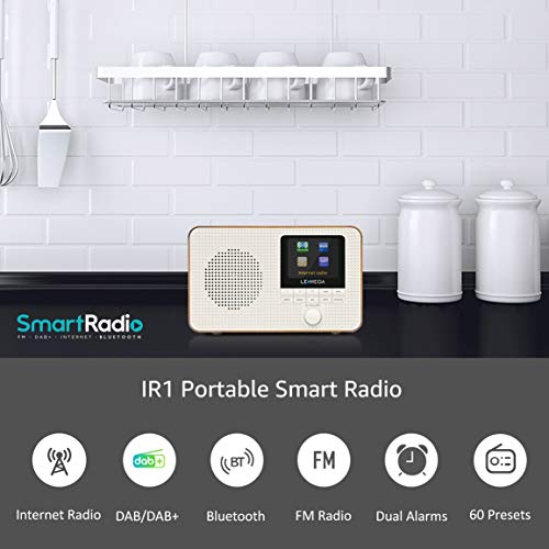 LEMEGA IR1 Radio por Internet WiFi portátil,Radio Digital Dab/Dab + /FM,Bluetooth,Reloj de Alarma Dual,60 preajustes,Salida de Auriculares,Pantalla a Color,baterías o alimentación de Red - Nogal