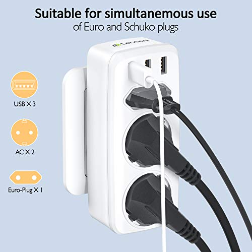 LENCENT Ladron Enchufes Schuko Enchufe Multiple 4000W, Enchufe USB de Pared con 3 USB Puertos, 2clavijas Schuko y 1enchufe EU, Adaptador Enchufe Portátil con USB Familia ,Officio e Viaje