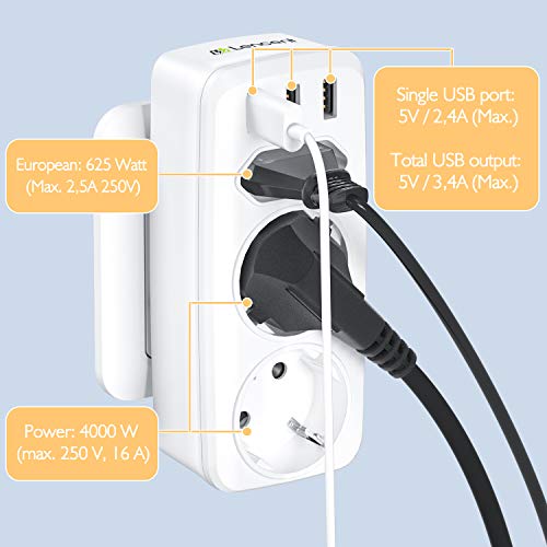 LENCENT Ladron Enchufes Schuko Enchufe Multiple 4000W, Enchufe USB de Pared con 3 USB Puertos, 2clavijas Schuko y 1enchufe EU, Adaptador Enchufe Portátil con USB Familia ,Officio e Viaje