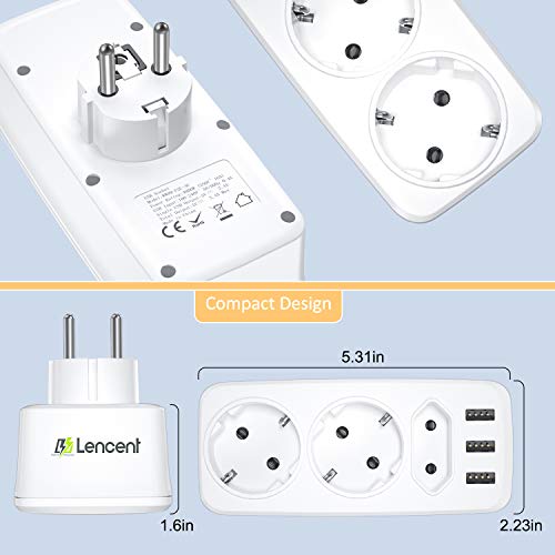 LENCENT Ladron Enchufes Schuko Enchufe Multiple 4000W, Enchufe USB de Pared con 3 USB Puertos, 2clavijas Schuko y 1enchufe EU, Adaptador Enchufe Portátil con USB Familia ,Officio e Viaje