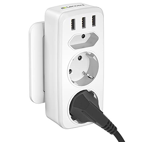 LENCENT Ladron Enchufes Schuko Enchufe Multiple 4000W, Enchufe USB de Pared con 3 USB Puertos, 2clavijas Schuko y 1enchufe EU, Adaptador Enchufe Portátil con USB Familia ,Officio e Viaje