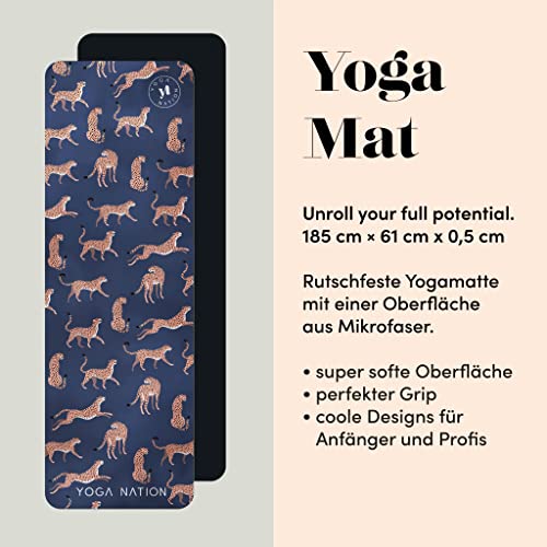 Leo Blue Premium - Esterilla de yoga de microfibra natural de caucho natural, antideslizante, para bikram, Ashtanga, barre, fitness, pilates y gimnasia [184 x 61 x 0,4]