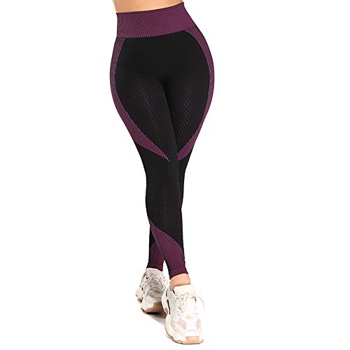 Leoyee Leggings de gimnasio sin costuras Power Stretch pantalones de yoga de cintura alta para mujeres corriendo entrenamiento mallas polainas, Negro Fucsia, L