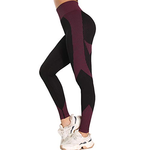 Leoyee Leggings de gimnasio sin costuras Power Stretch pantalones de yoga de cintura alta para mujeres corriendo entrenamiento mallas polainas, Negro Fucsia, L