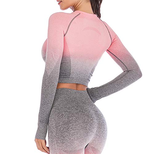 Leoyee Seamless Gradient Gym Medias Camisa Deportiva Yoga Top para Mujeres Running Camiseta de Entrenamiento Top de Manga Larga (Rosa/Grigio Chiaro, Small)