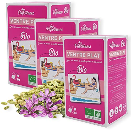 LES PAPOTEUSES | Infusion vientre plano con la malva, la menta y el hinojo | 60 bolsitas | Caja de 3 confecciones de 20 bolsitas | Certificado orgánico | Relajante para el abdomen mujer y hombre