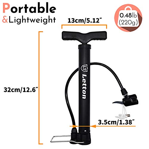 Letton Bomba de Suelo portátil para Bicicleta, Bomba de Aire para neumáticos de Bicicleta, válvulas Presta y Schrader Reversibles automáticamente de 8 Bar / 120 PSI, con Aguja de Bola multifunción