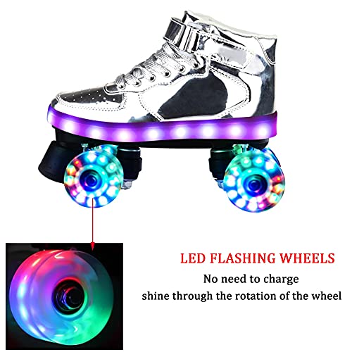 LGESR Patines de Ruedas Brillantes Patines de Doble Hilera de Cuatro Ruedas con Rueda Luminosa LED y Tira Intermitente de LED, Botas Clásicas con Ruedas Brillantes de Cuero de PU para Adultos