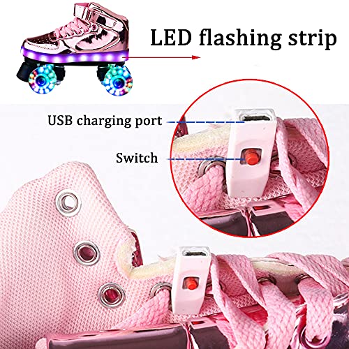 LGESR Patines de Ruedas Brillantes Patines de Doble Hilera de Cuatro Ruedas con Rueda Luminosa LED y Tira Intermitente de LED, Botas Clásicas con Ruedas Brillantes de Cuero de PU para Adultos