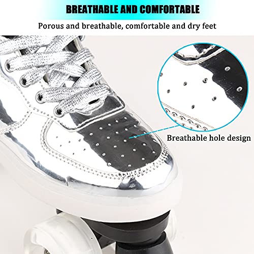 LGESR Patines de Ruedas Brillantes Patines de Doble Hilera de Cuatro Ruedas con Rueda Luminosa LED y Tira Intermitente de LED, Botas Clásicas con Ruedas Brillantes de Cuero de PU para Adultos