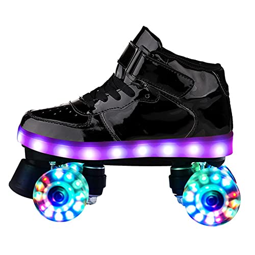 LGESR Patines de Ruedas Brillantes Patines de Doble Hilera de Cuatro Ruedas con Rueda Luminosa LED y Tira Intermitente de LED, Botas Clásicas con Ruedas Brillantes de Cuero de PU para Adultos