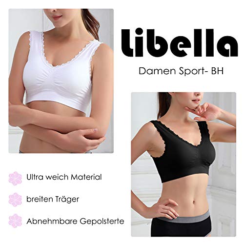 Libella Pack de 3 Sujetador Deportivo sin Costuras de 3 Piezas Sujetador de Yoga con Almohadillas Removibles para Mujeres Ultra-Lift de Komfort- BH Negro Beige Blanco 3747 S/M