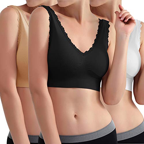 Libella Pack de 3 Sujetador Deportivo sin Costuras de 3 Piezas Sujetador de Yoga con Almohadillas Removibles para Mujeres Ultra-Lift de Komfort- BH Negro Beige Blanco 3747 S/M