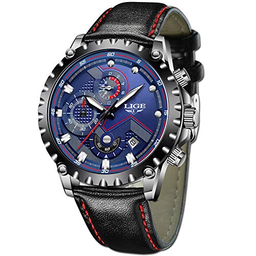 LIGE Relojes Hombre Lujo Azul Negocio Cuarzo Relojes Moda Impermeable Negro Cuero Relojes Militar Deportes Cronógrafo Relojes