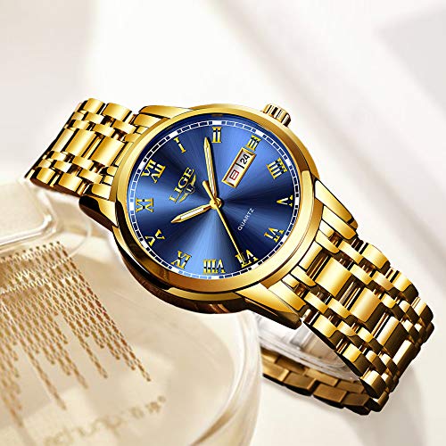 LIGE Relojes para Hombre Cronógrafo Impermeable Dorado Acero Inoxidable Reloj de Pulsera Vestir Negocio Analógicos Relojes